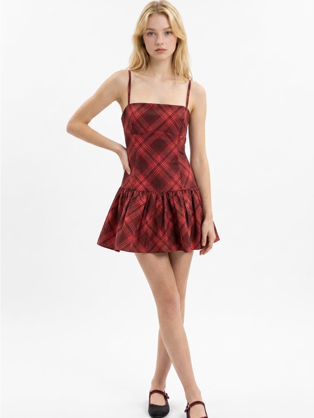 Altar'd State Burgundy Red Plaid Mini Dress with Double Spaghetti Straps
